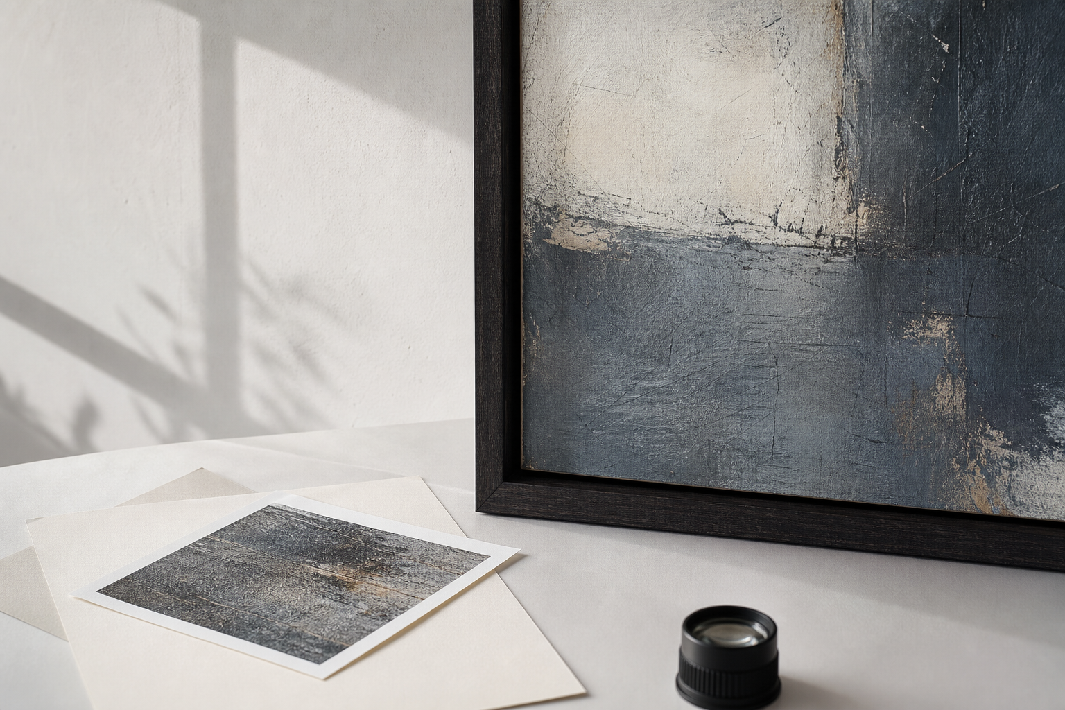 A close inspection of a framed abstract artwork, a matching printed detail, and a magnifying loupe.
