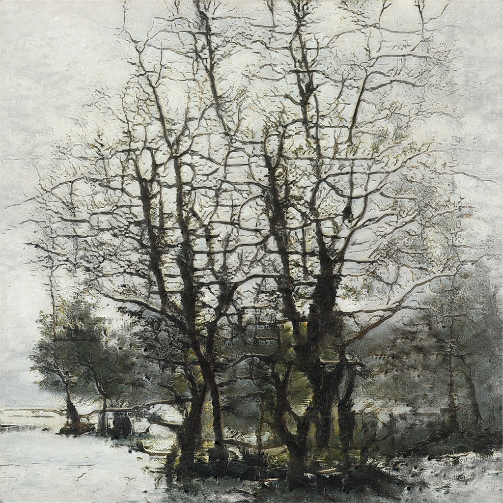 Studio-selected landscape with branching dark trees and pale openings