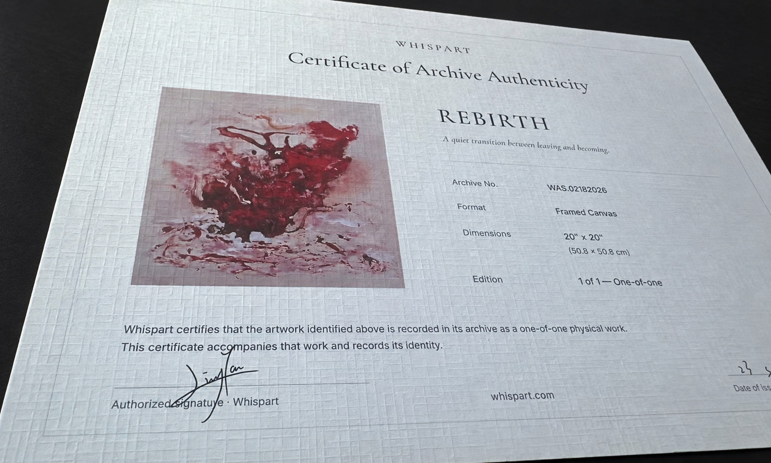 Photograph of a Whispart archive certificate recording a one-of-one framed work