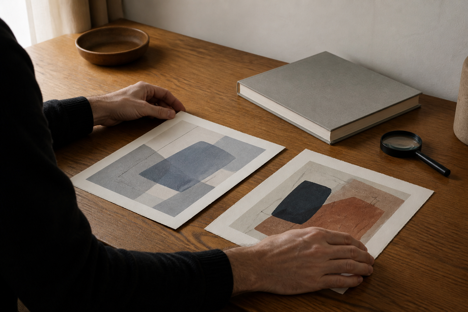 Anonymous hands comparing two generic abstract prints on a warm desk beside a magnifying glass and an art book.