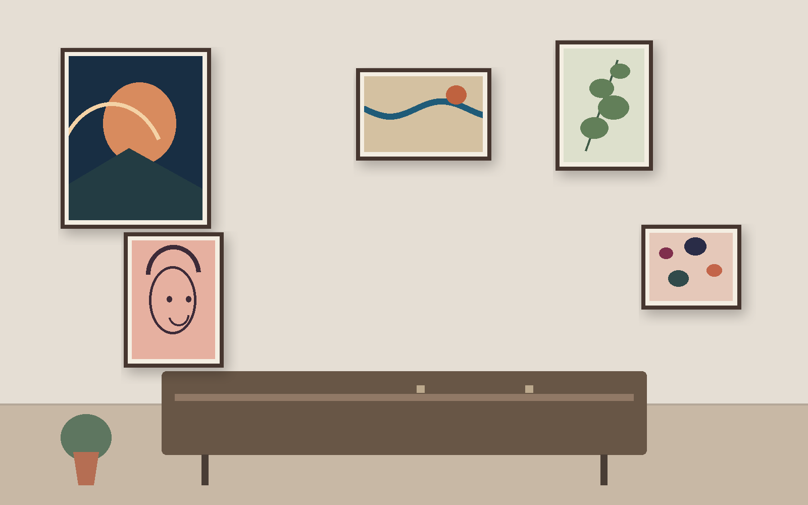 Schematic of five different framed artworks spread across a wall above a sideboard, with the pink portrait low at left and a small dotted piece far right.