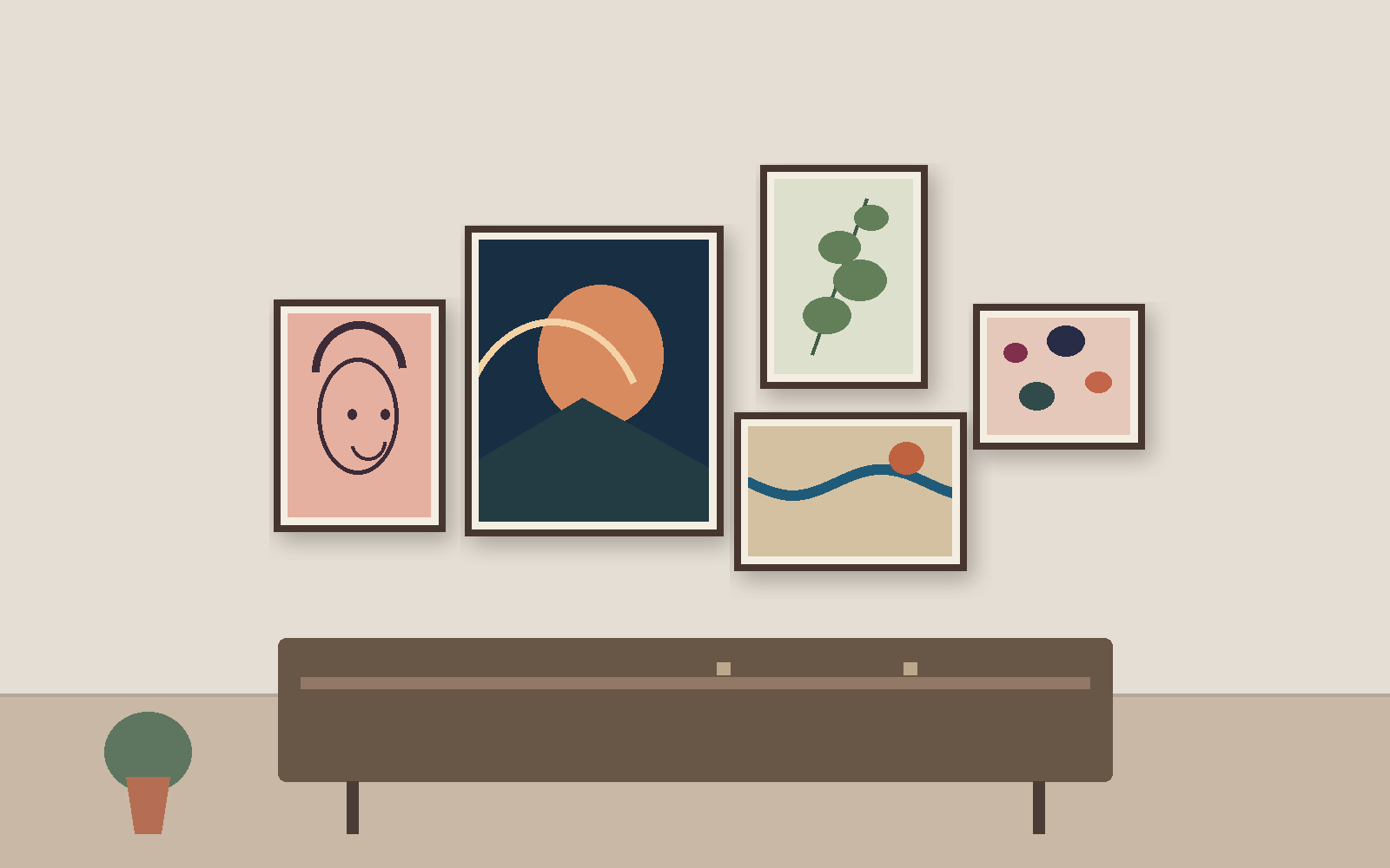The same five framed artworks grouped above the same sideboard, with the pink portrait beside the large dark work and smaller pictures to the right.