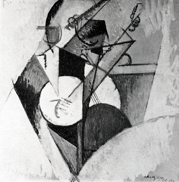 Black-and-white faithful reproduction of Albert Gleizes's 1915 Composition for Jazz, showing a fragmented musician and rounded instrument among angular Cubist planes.