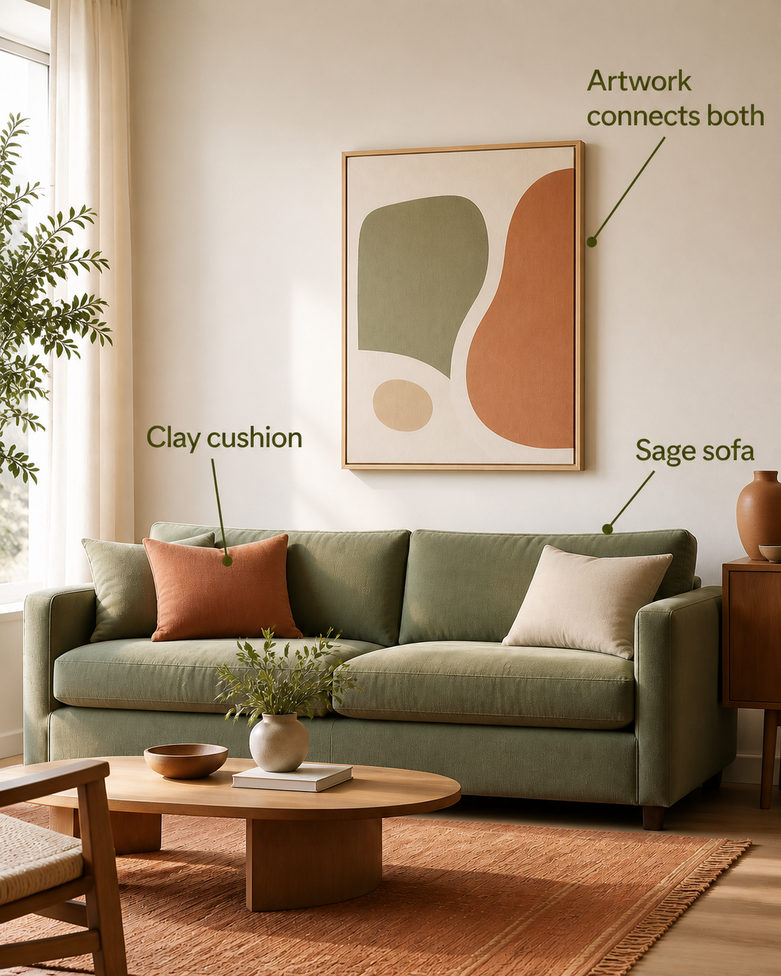 A sunlit living room with a sage sofa, clay accent, and generic framed artwork, annotated to show a bridge color relationship.