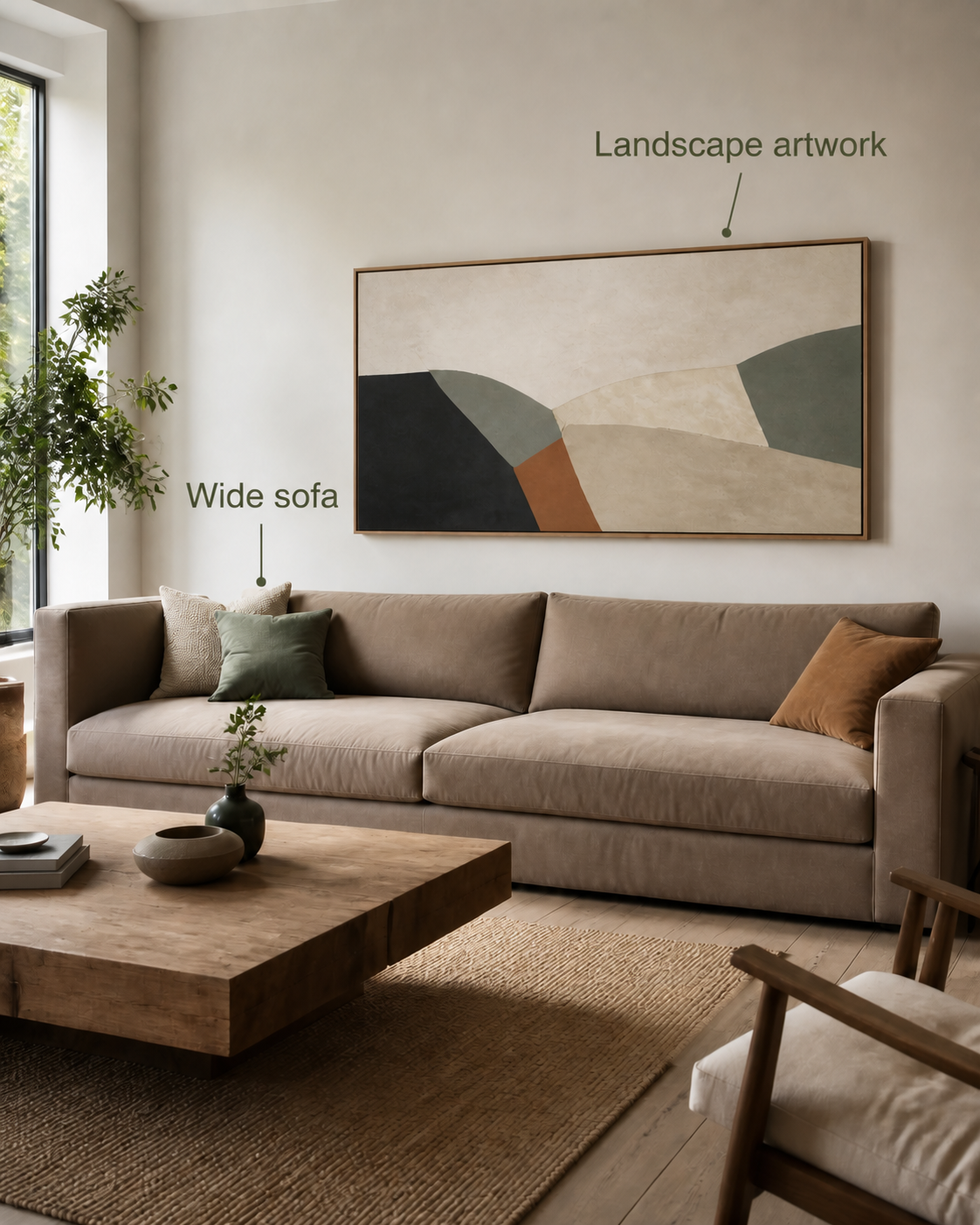 A wide sofa beneath a generic landscape artwork, annotated to show how furniture can suggest a horizontal art direction.