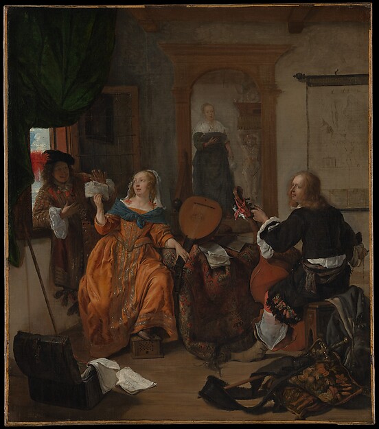 Gabriël Metsu's 1659 A Musical Party, with a seated woman holding a lute and songbook, and a man tuning a viol in a domestic interior.