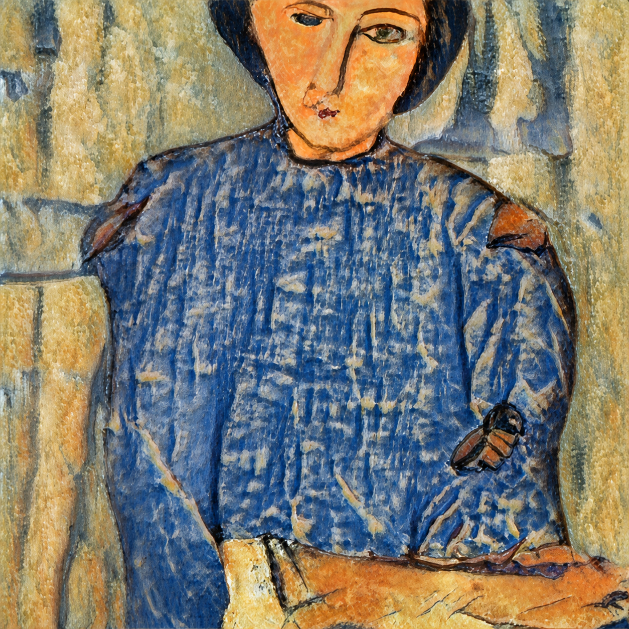 WhispArt’s Moth of Mnemosyne shows a dark-haired figure with an orange face, patterned blue clothing and a moth near the forearm against a pale yellow ground.