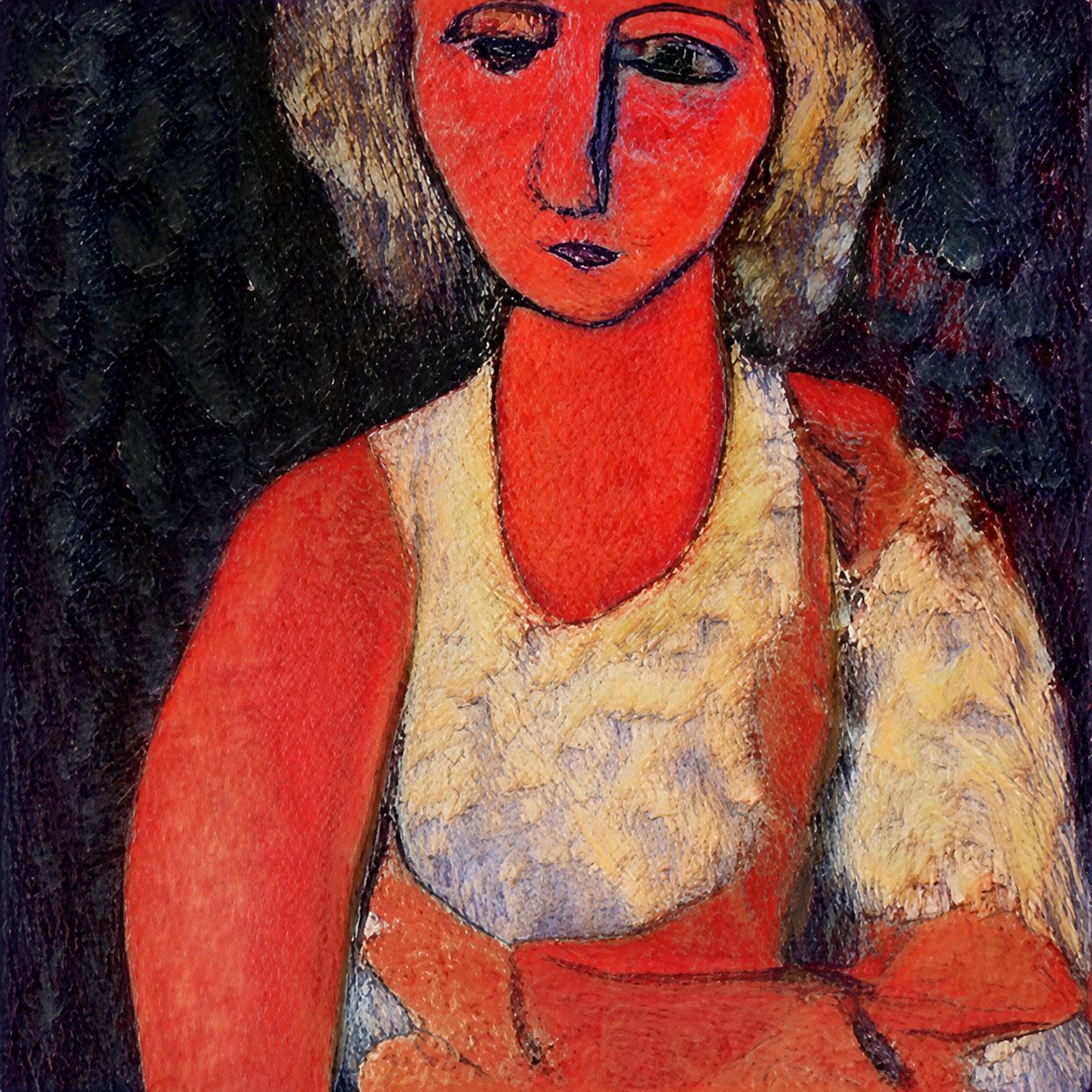 Second Mirror: a vivid red seated figure in a cream top against a dark background, with folded arms and an elongated face.