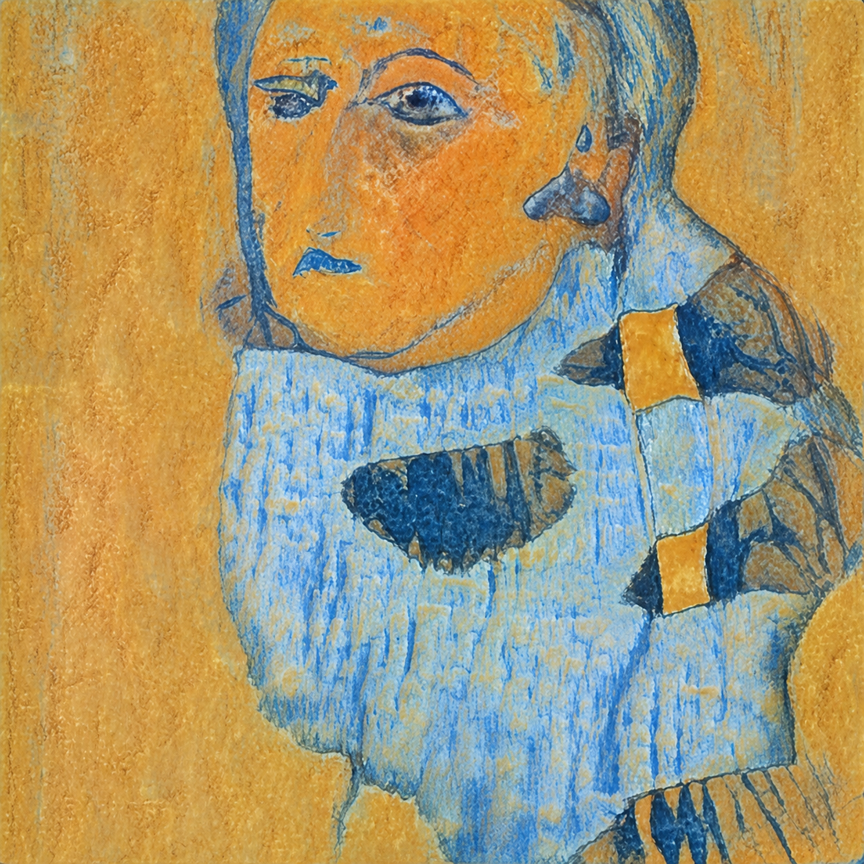 WhispArt artwork with a gold and blue face combining frontal and profile features, with layered painted-looking marks.