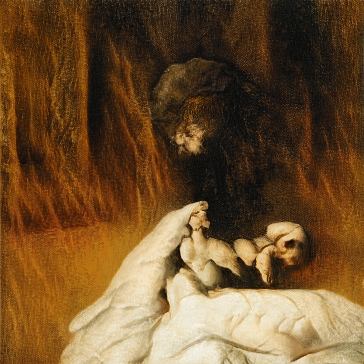 House of Embers: ochre and brown surround pale, partly recognizable figures and a broad dark central form.