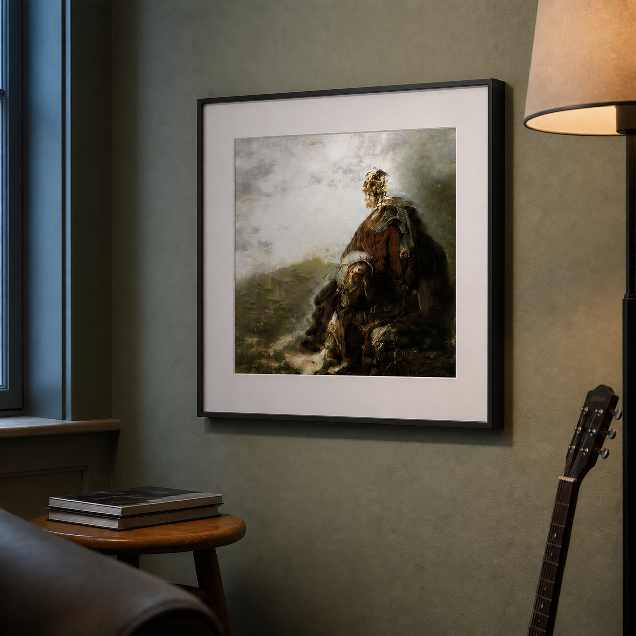 The same studio image in a framed-room presentation visualisation beside a window, lamp, and guitar.