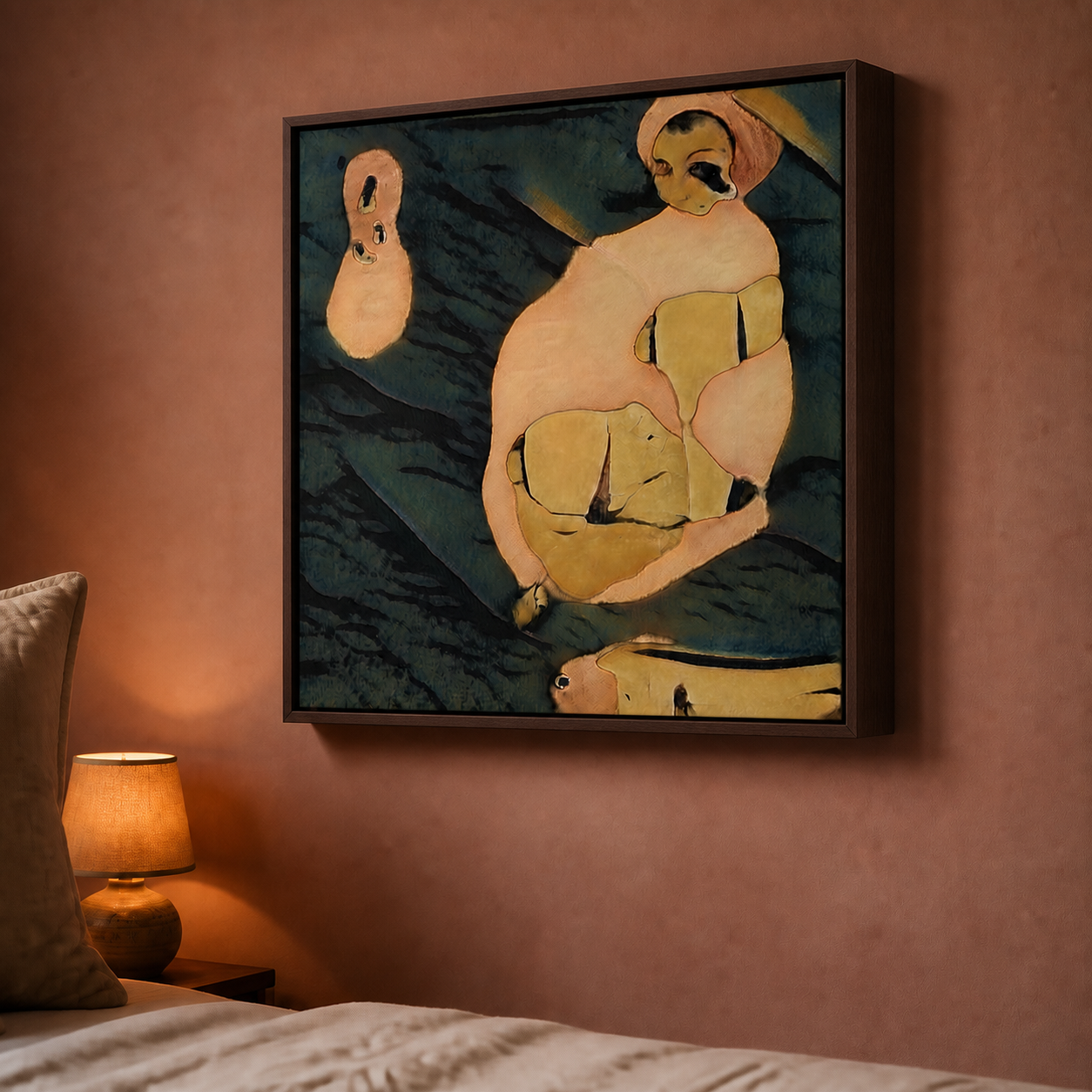 WhispArt Vessel of Secrets, peach and dark teal forms in a frame above a bed; supplied room illustration.