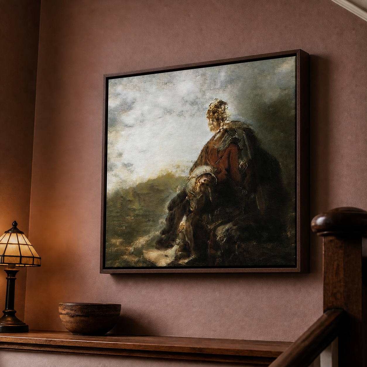 The same studio image in a canvas-room presentation visualisation in a warm wood interior.