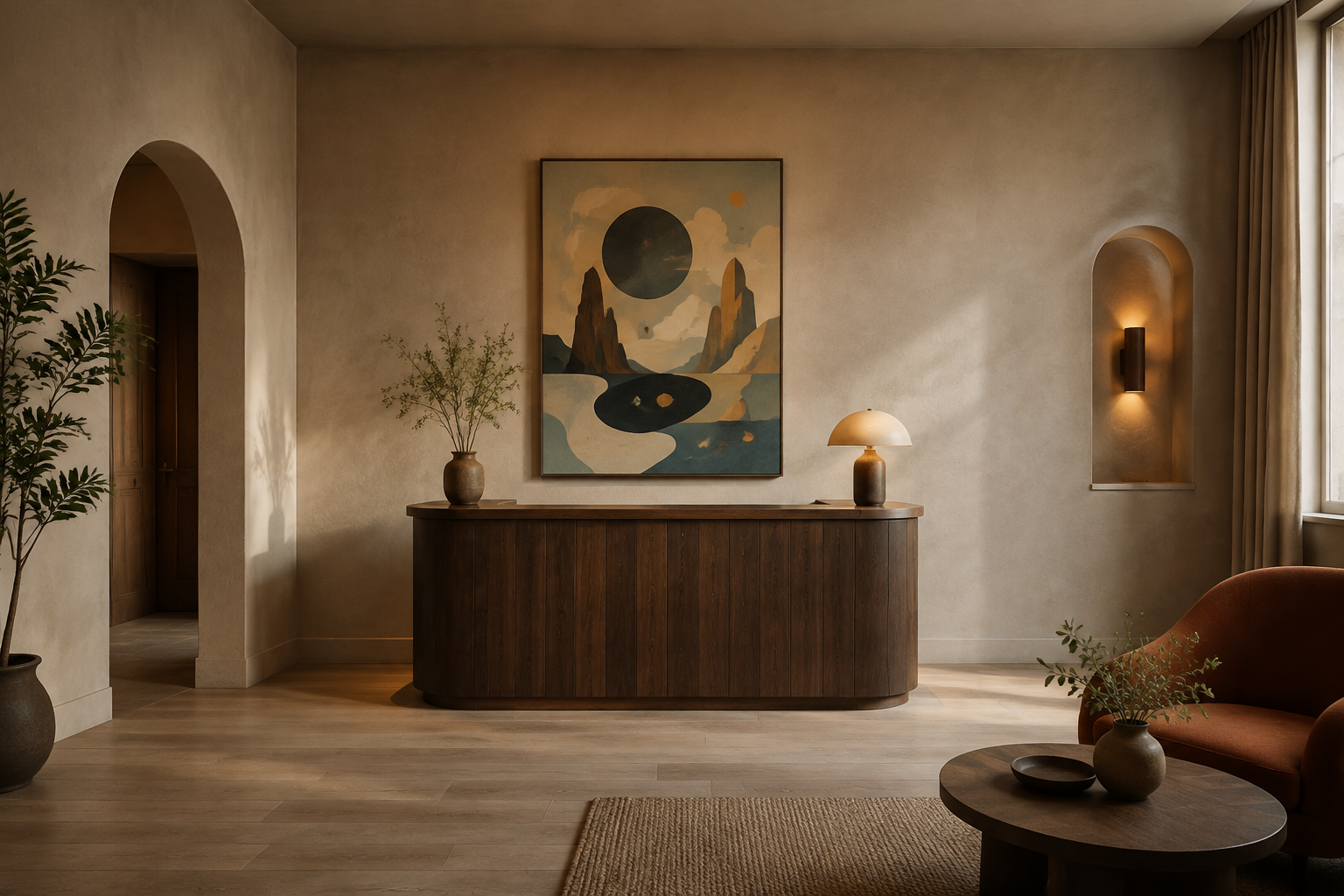 Illustrated hotel interior with framed abstract art above a dark-wood console.