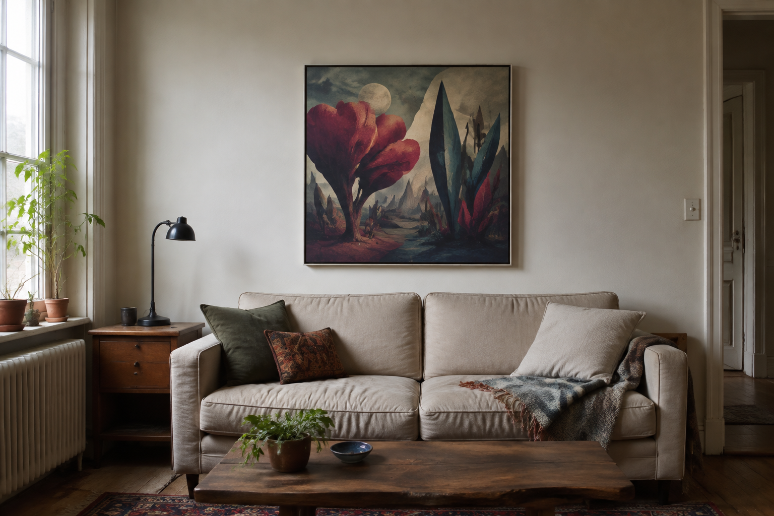 AI-generated hypothetical living room; not a customer home or a Whispart product photograph.