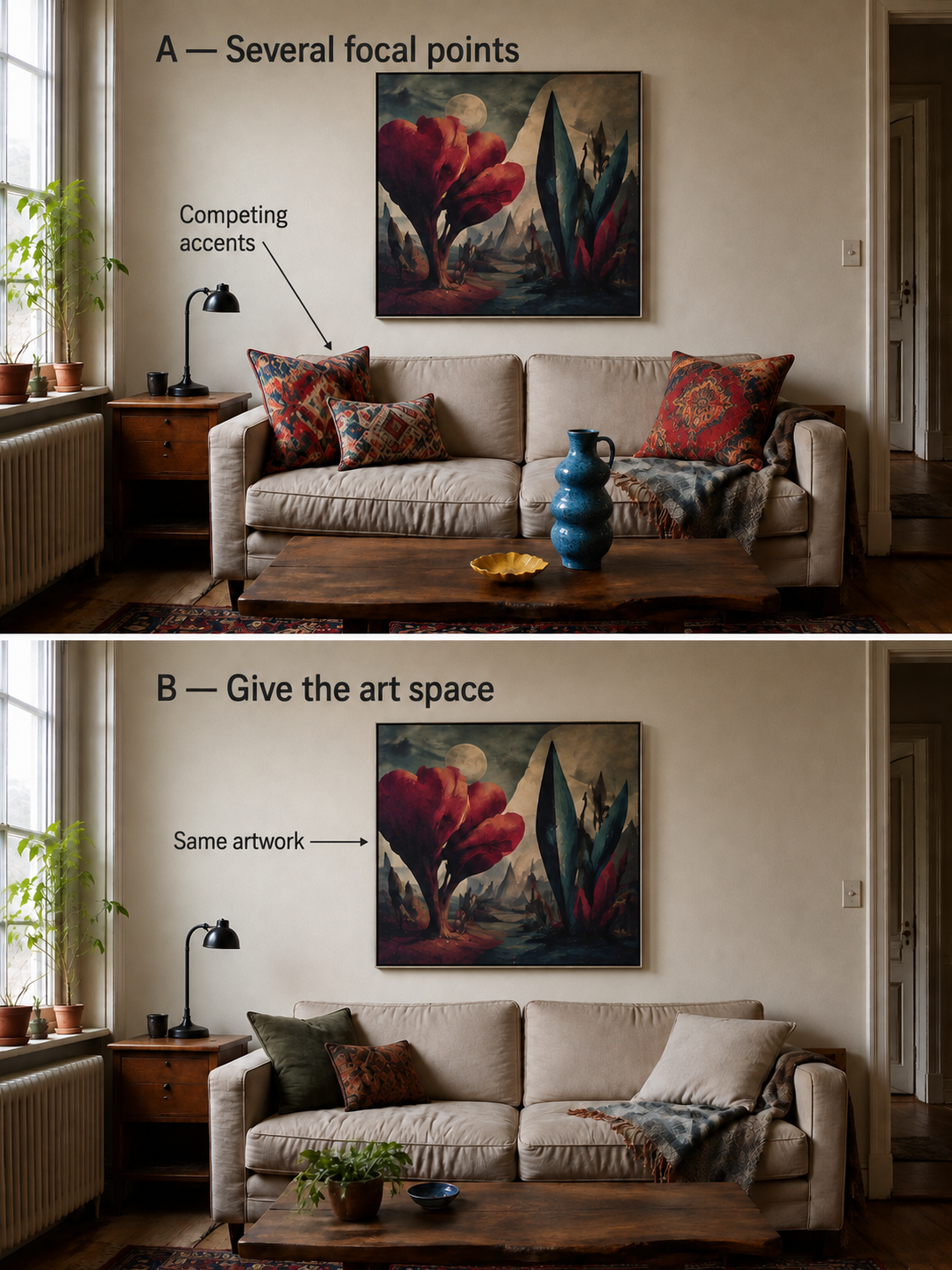 AI illustration of the same framed botanical picture and neutral sofa: A adds strong patterned cushions and bright objects; B uses quieter supporting accents around the same artwork.