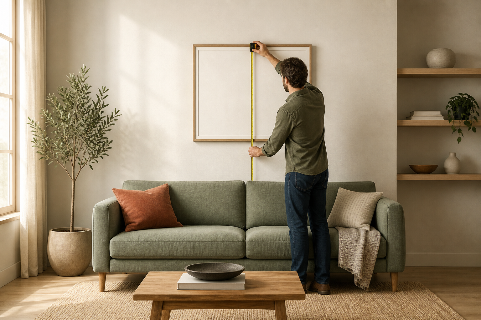 Person using a tape measure to find the vertical centre of a generic empty frame above a low sofa.