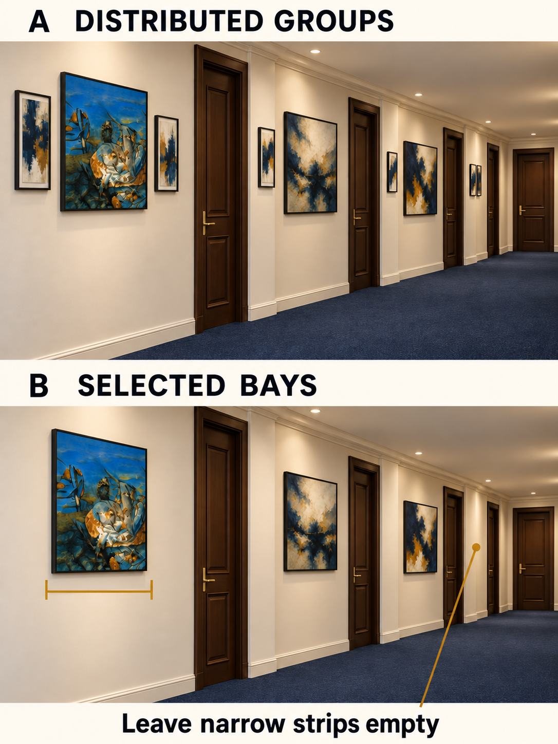 Two illustrative views of a door-heavy corridor: A distributes large and small artworks along the wall; B retains three larger works in separate bays and points to a narrow strip left empty.