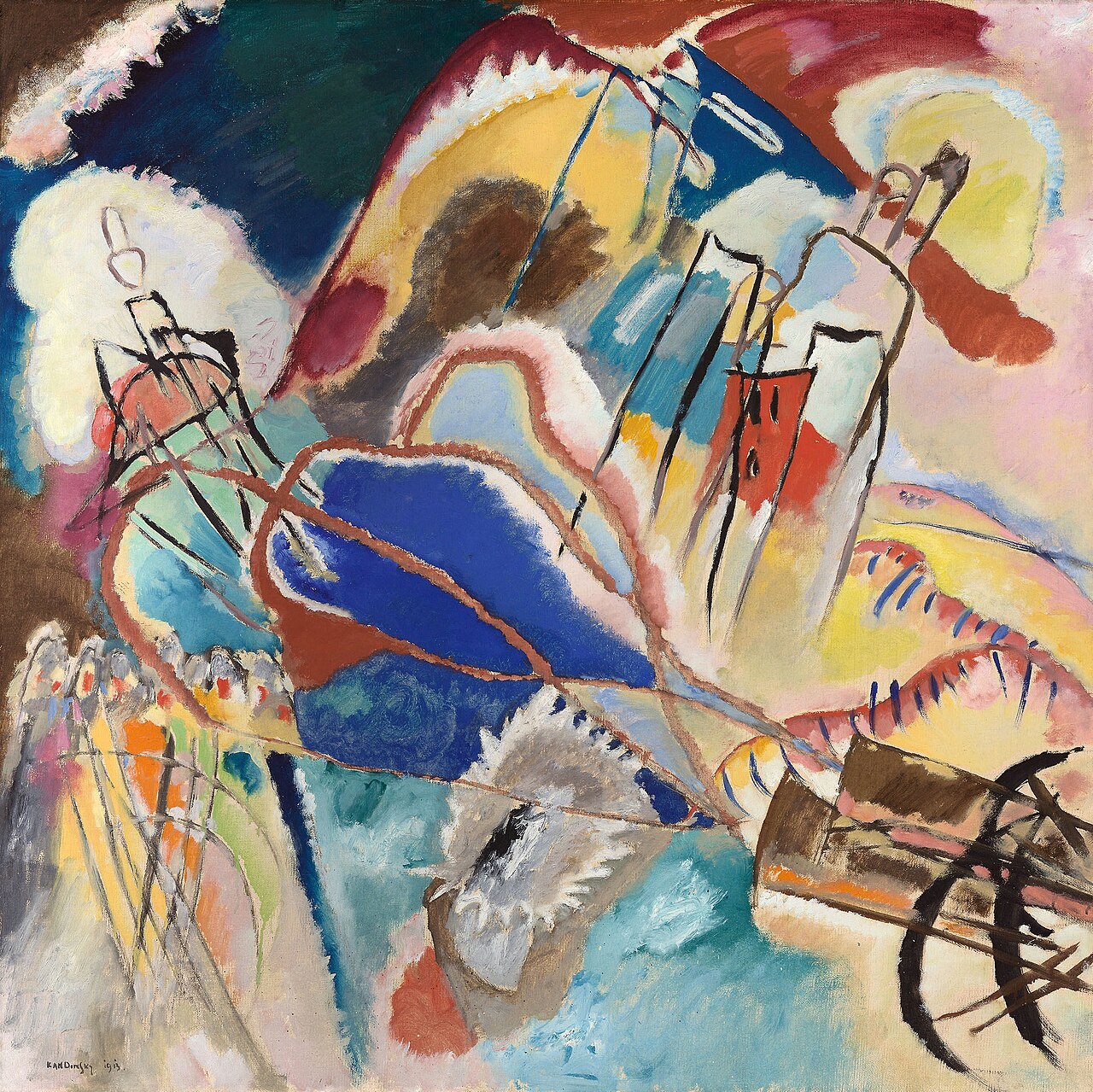 Vasily Kandinsky, Improvisation No. 30, 1913: irregular colored forms with angular black lines, including lower-right cannon references.