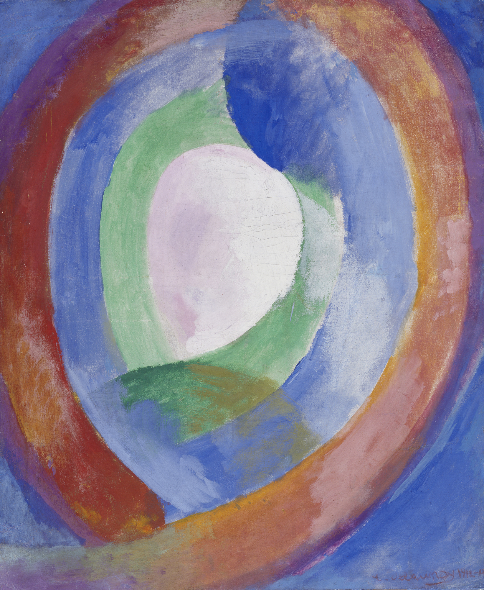 Robert Delaunay, Circular Forms, Moon No. 1, 1913: uneven colored rings around a pale central oval.