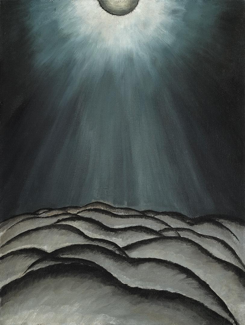 Arthur Dove, Moon and Sea No. II, 1923: a moon at the top edge above layered curved wave bands.