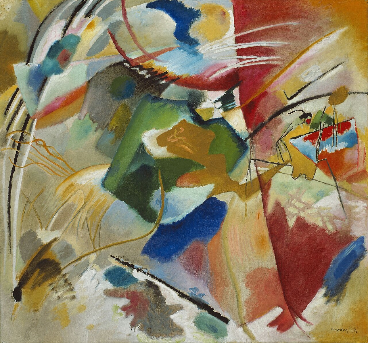 Vasily Kandinsky, Painting with Green Center, 1913: dark green central mass surrounded by colored passages and active lines.