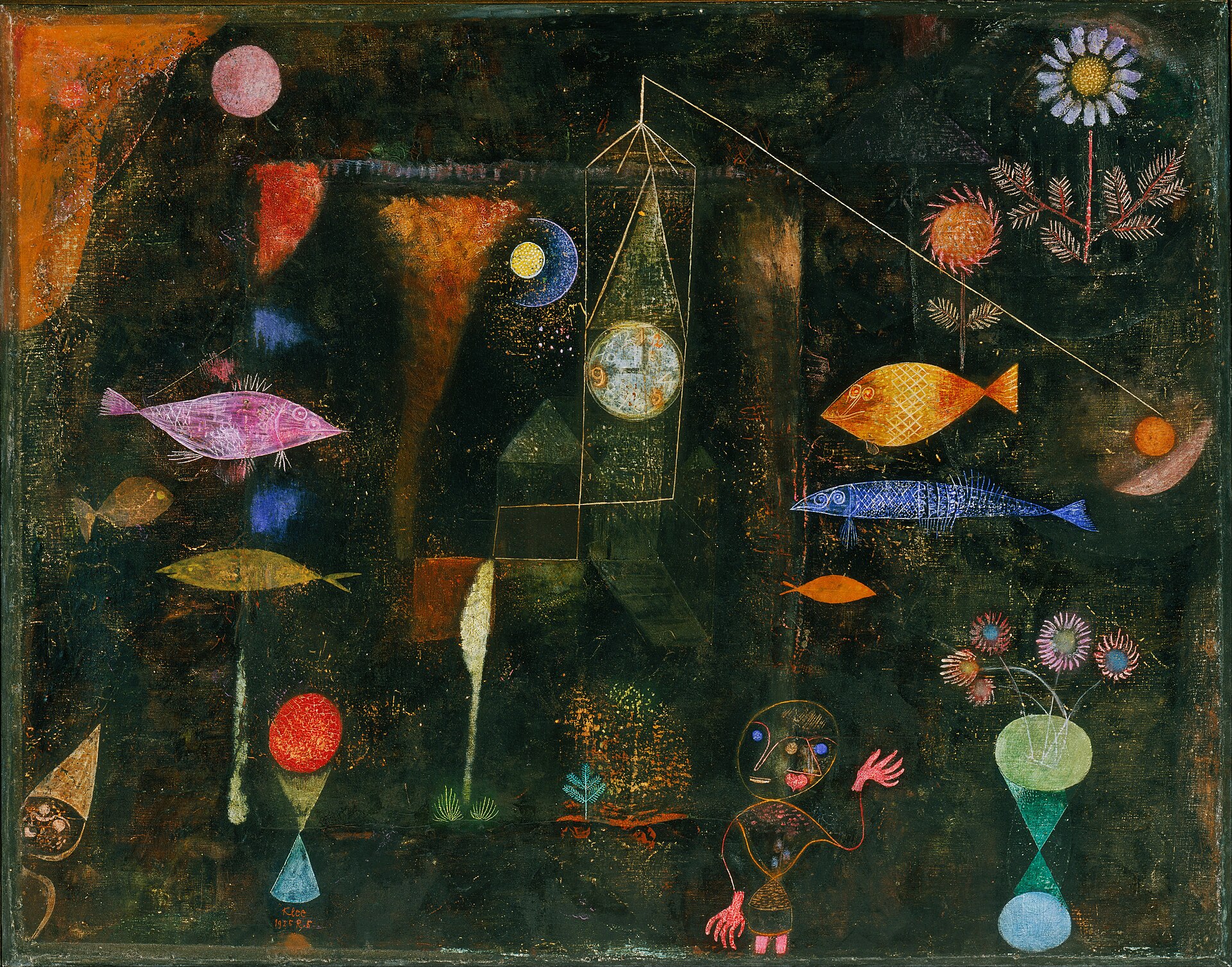 Paul Klee, Fish Magic, 1925: colored fish, flowers, a clock and a small figure against a dark ground.