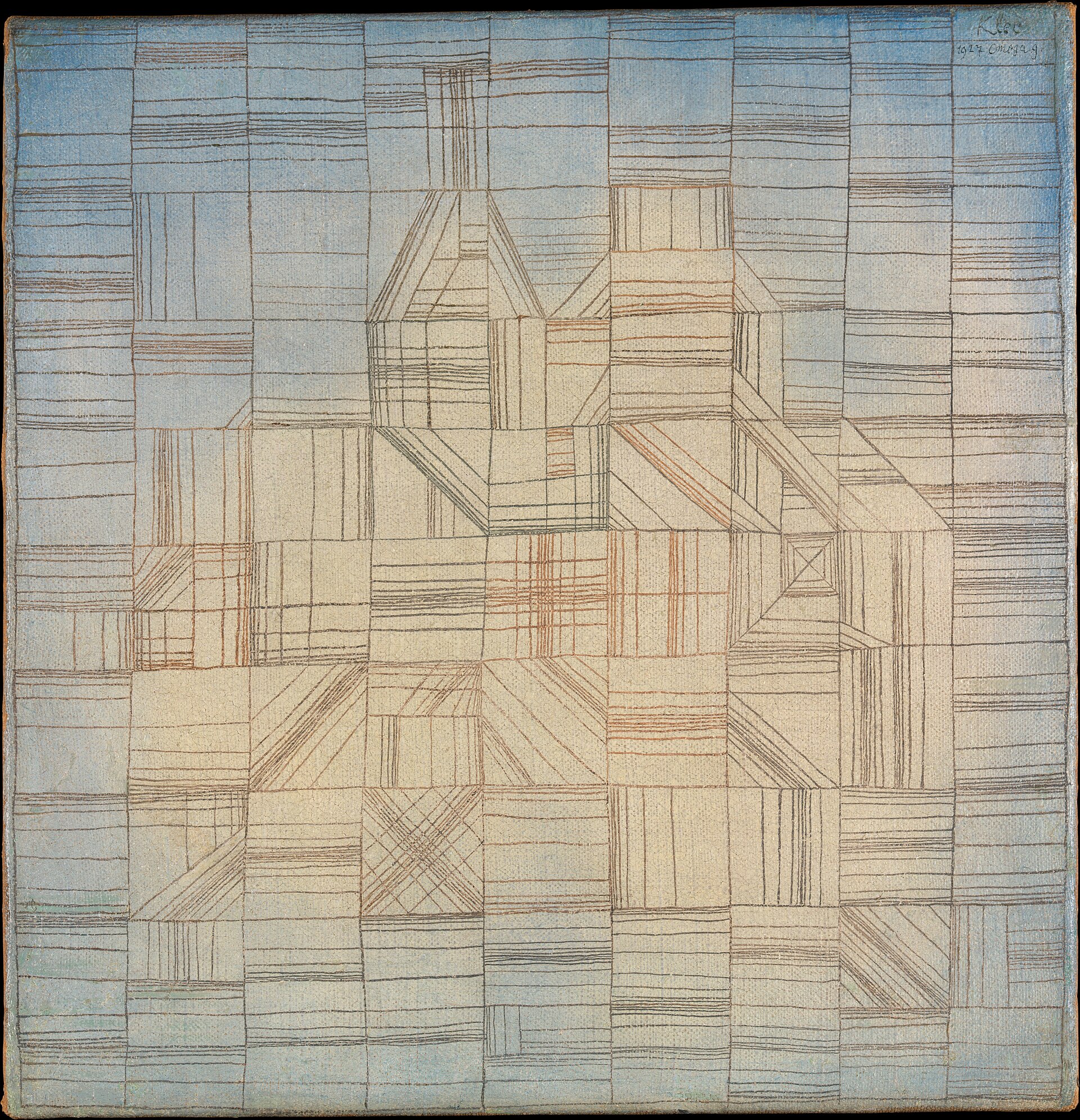 Paul Klee, Variations, 1927: pale blue and ivory cells with groups of horizontal, vertical and diagonal lines.