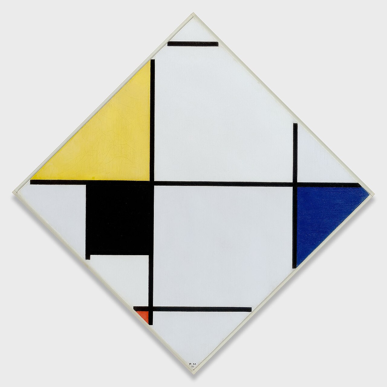 Piet Mondrian: a diamond-shaped canvas with black horizontal and vertical divisions and small areas of primary color.