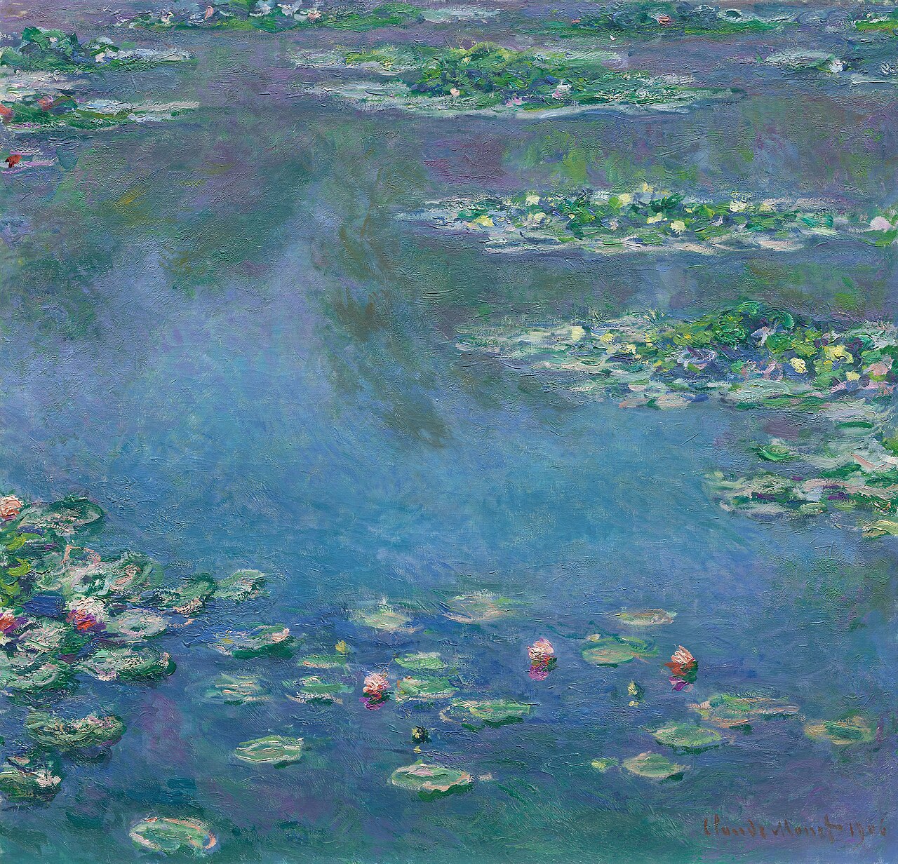 Claude Monet, Water Lilies, 1906: lily pads and reflected blue-violet color across a pond.