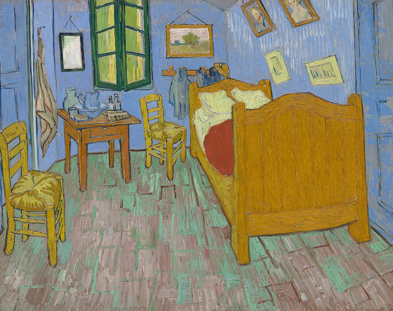 Vincent van Gogh, The Bedroom, 1889: yellow bed and chairs, blue walls and green window in a recognizable room.