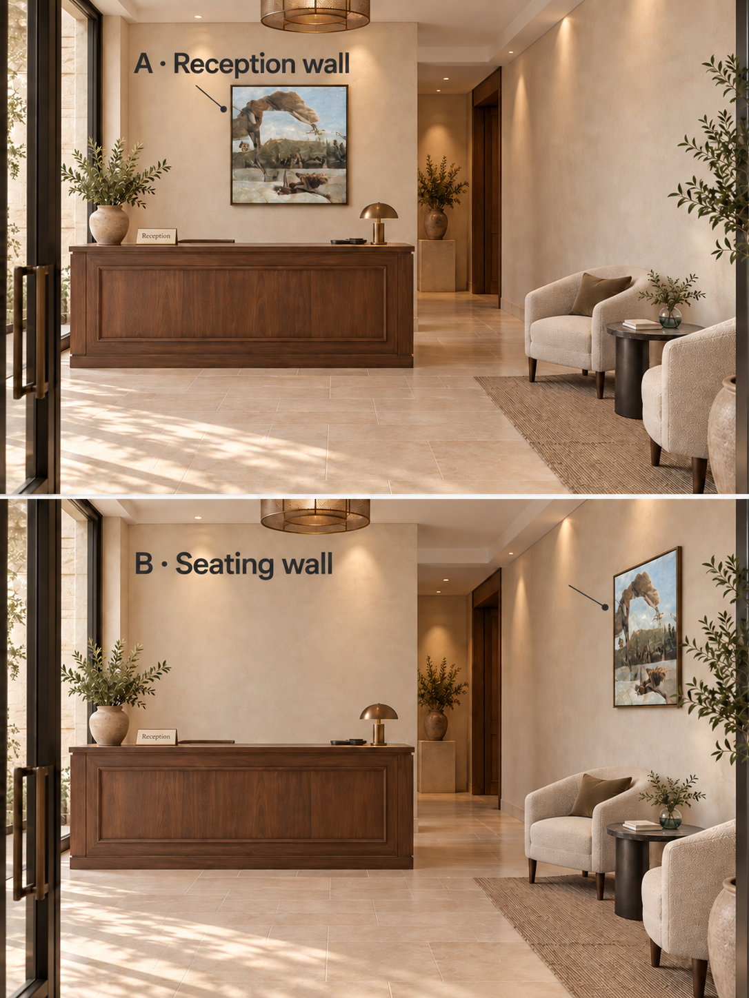 Two views of the same illustrative lobby. A places a framed surreal landscape on the reception wall facing the entrance. B moves that artwork to the oblique right-side wall beside the seating area.