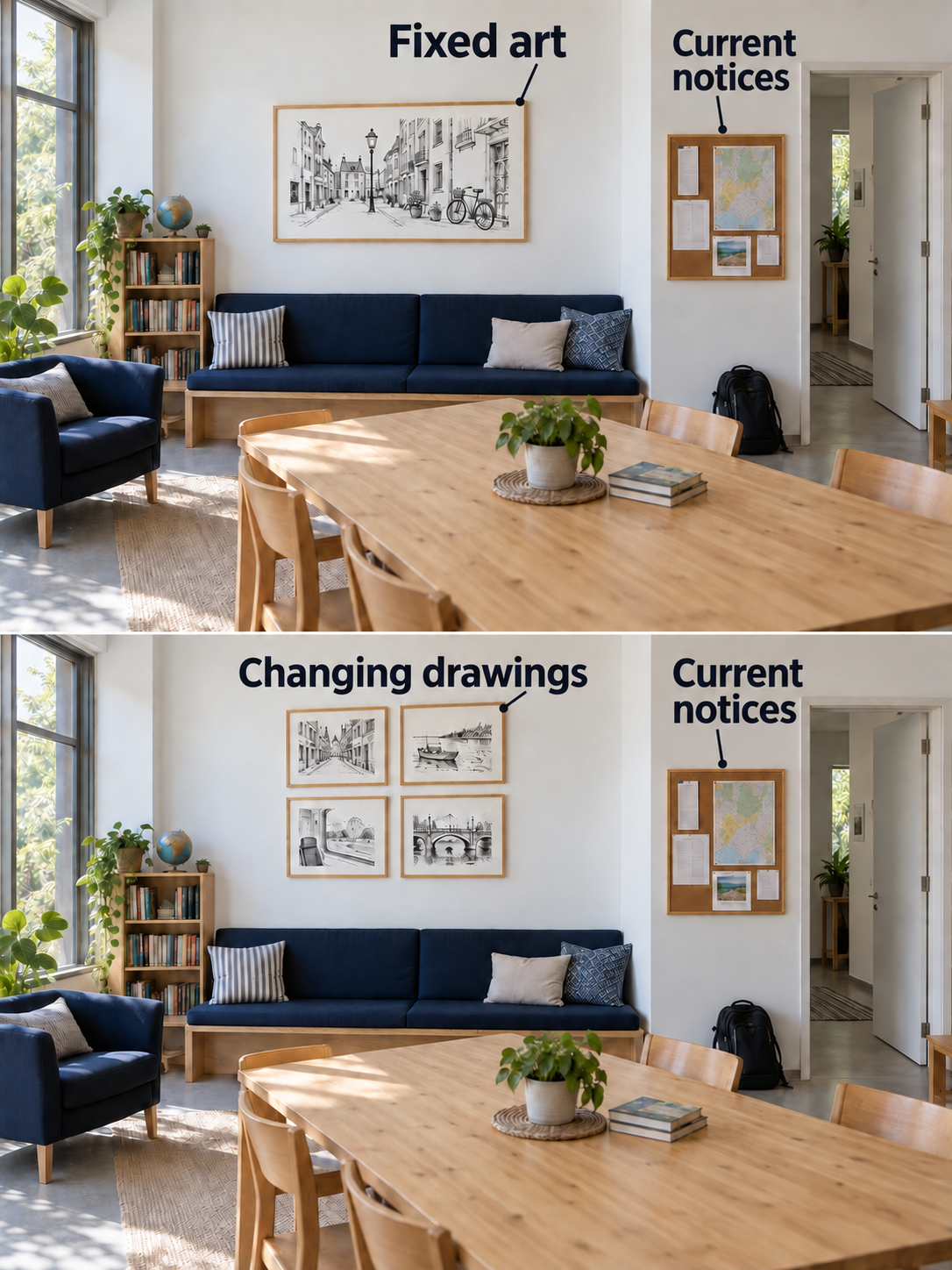 Two versions of a shared lounge: one fixed street drawing above the blue bench, then four changing travel drawings in that area. The separate entry noticeboard remains in both.