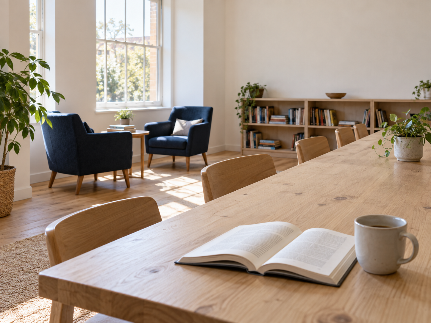 An open book and cup on a shared wooden table, with blue reading chairs beside a sunlit window and bookshelves in the background.