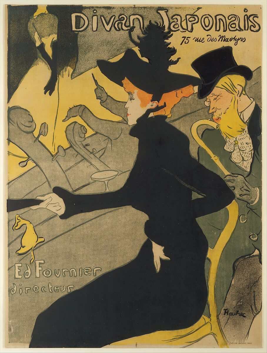 Divan Japonais poster: a red-haired woman in a black hat sits beside a man, with venue lettering above and a stage at left.