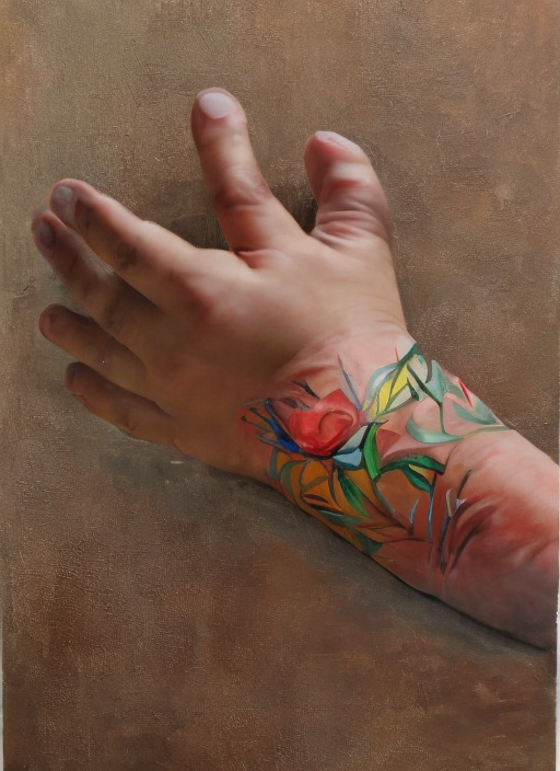 Tattooed generated hand with six visible digit-like tips spreading from the palm against a brown background.