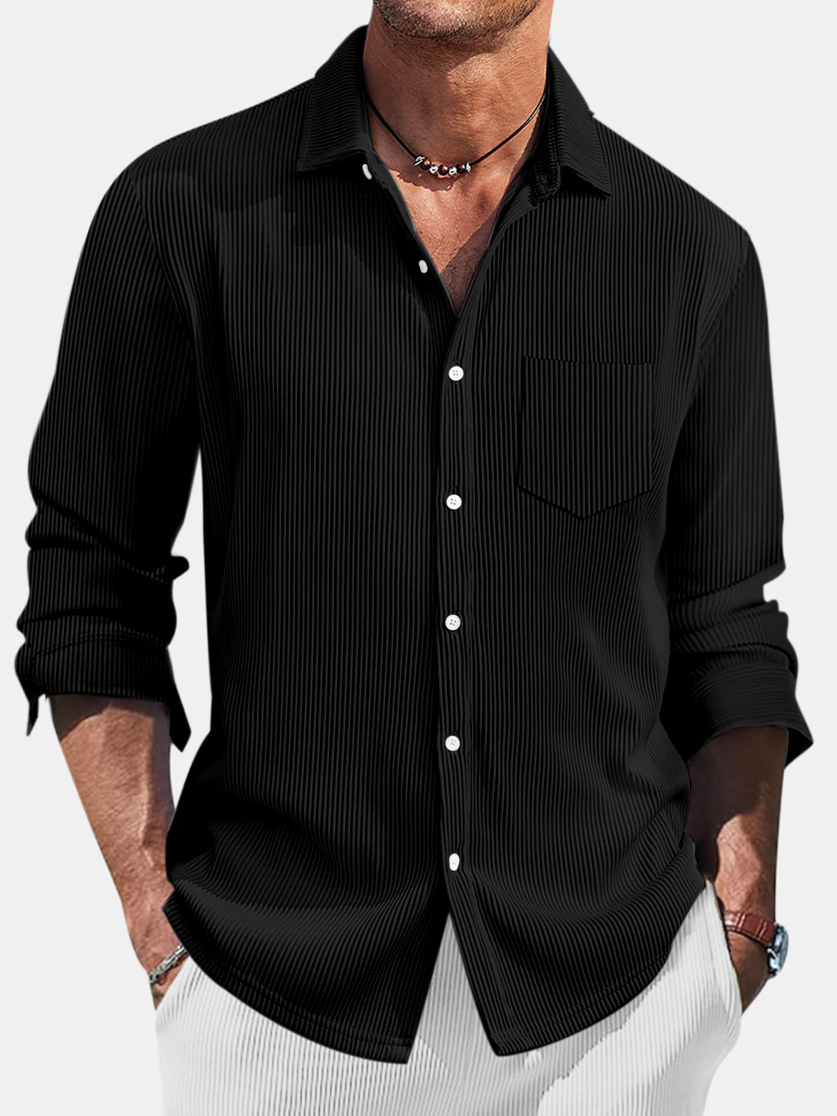 Black Friday Early Bird Sale 💥 Men's Casual Daily Pit Striped Solid Color Comfortable Long-sleeved Shirt