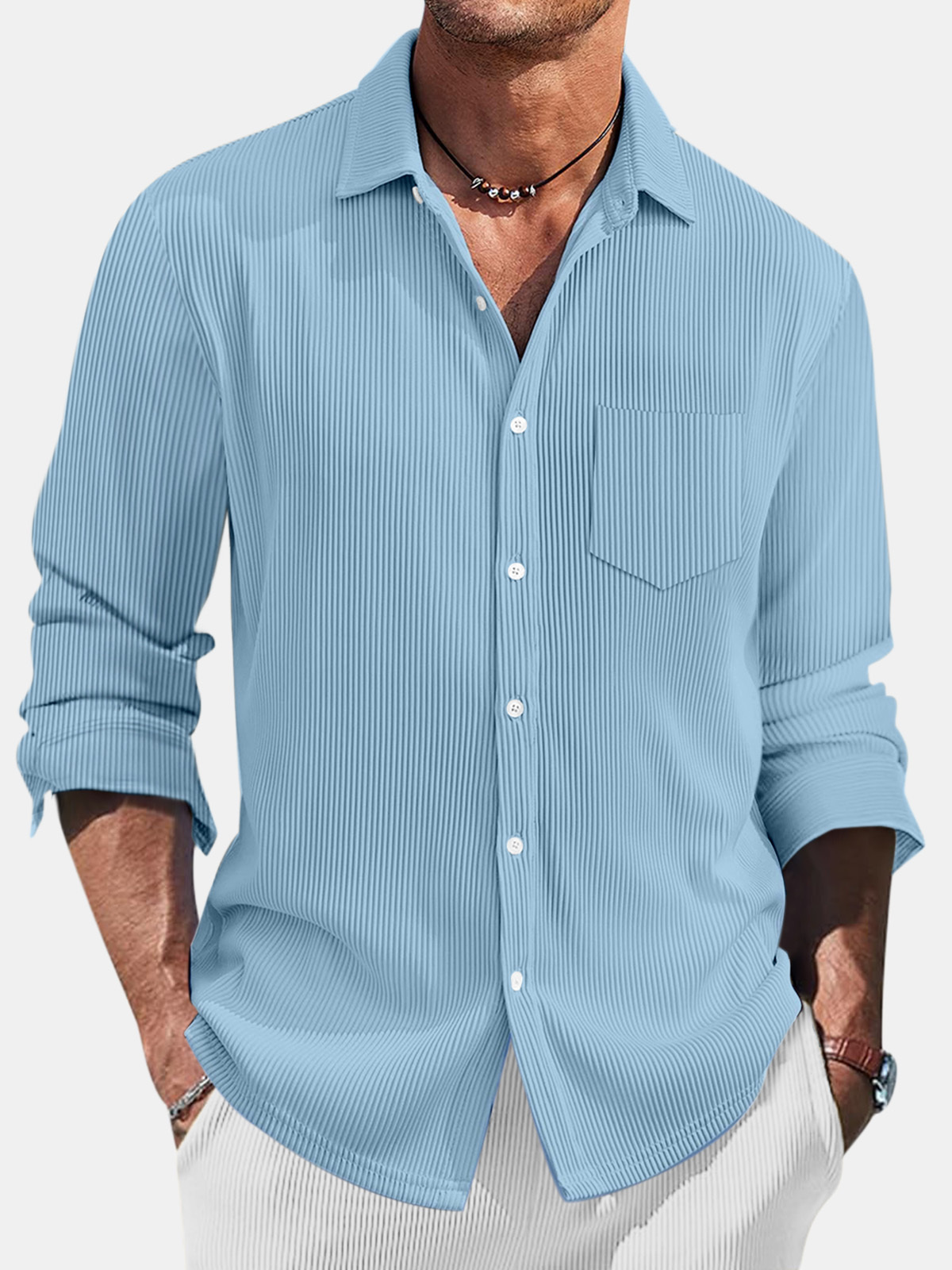 Men's Casual Daily Pit Striped Solid Color Comfortable Long-sleeved Sh