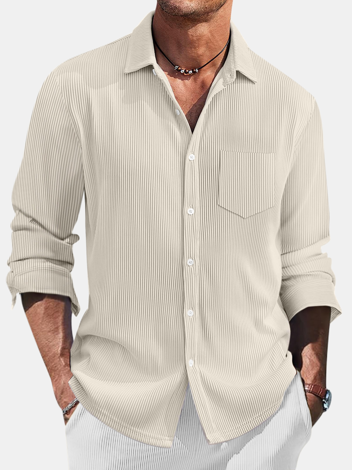 Black Friday Early Bird Sale 💥 Men's Casual Daily Pit Striped Solid Color Comfortable Long-sleeved Shirt