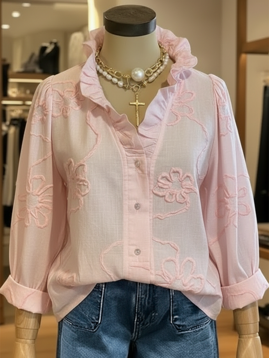 Casual Romantic Ruffled Collar Embroidery Cotton Shirt
