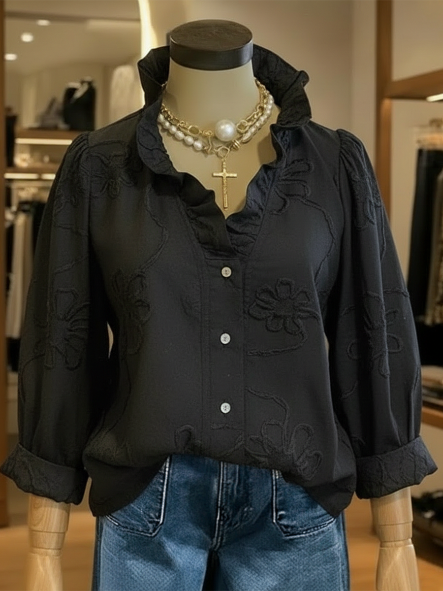 Casual Romantic Ruffled Collar Embroidery Cotton Shirt