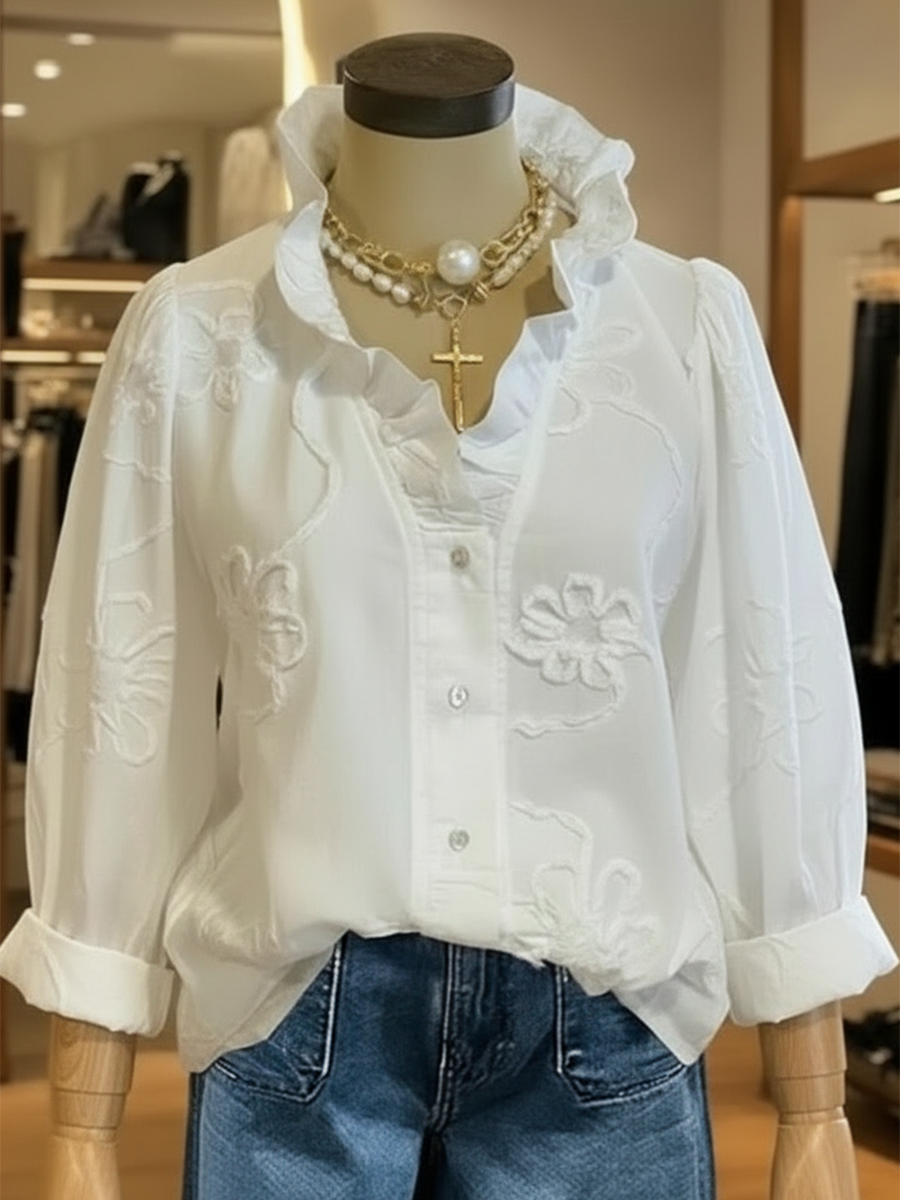 Casual Romantic Ruffled Collar Embroidery Cotton Shirt