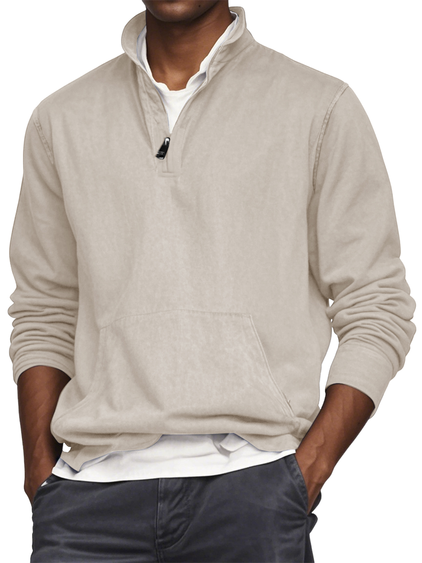Men's Quarter Zip Pocket Washed Distressed Vintage Long Sleeve T-shirt