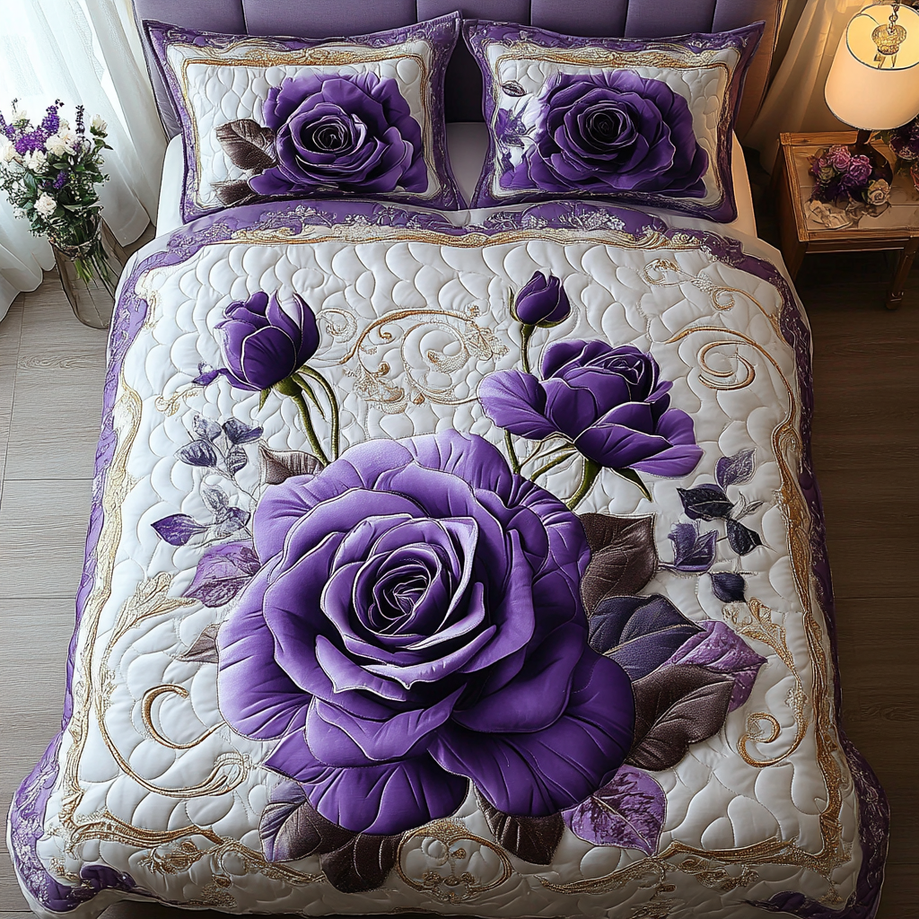 Purple Rose 3-Piece Quilted Bedding Set NCU0VT119