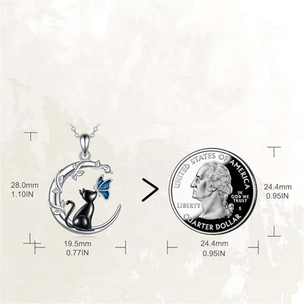 Moon Cat Butterfly Crystal Pendant Necklace