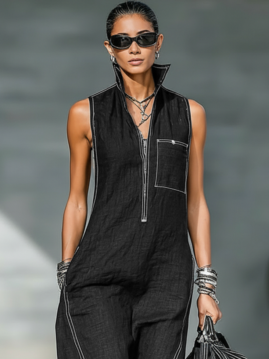 Women's Minimalist Loose-fitting White Trim Sleeveless Jumpsuit MDA3086L9Y