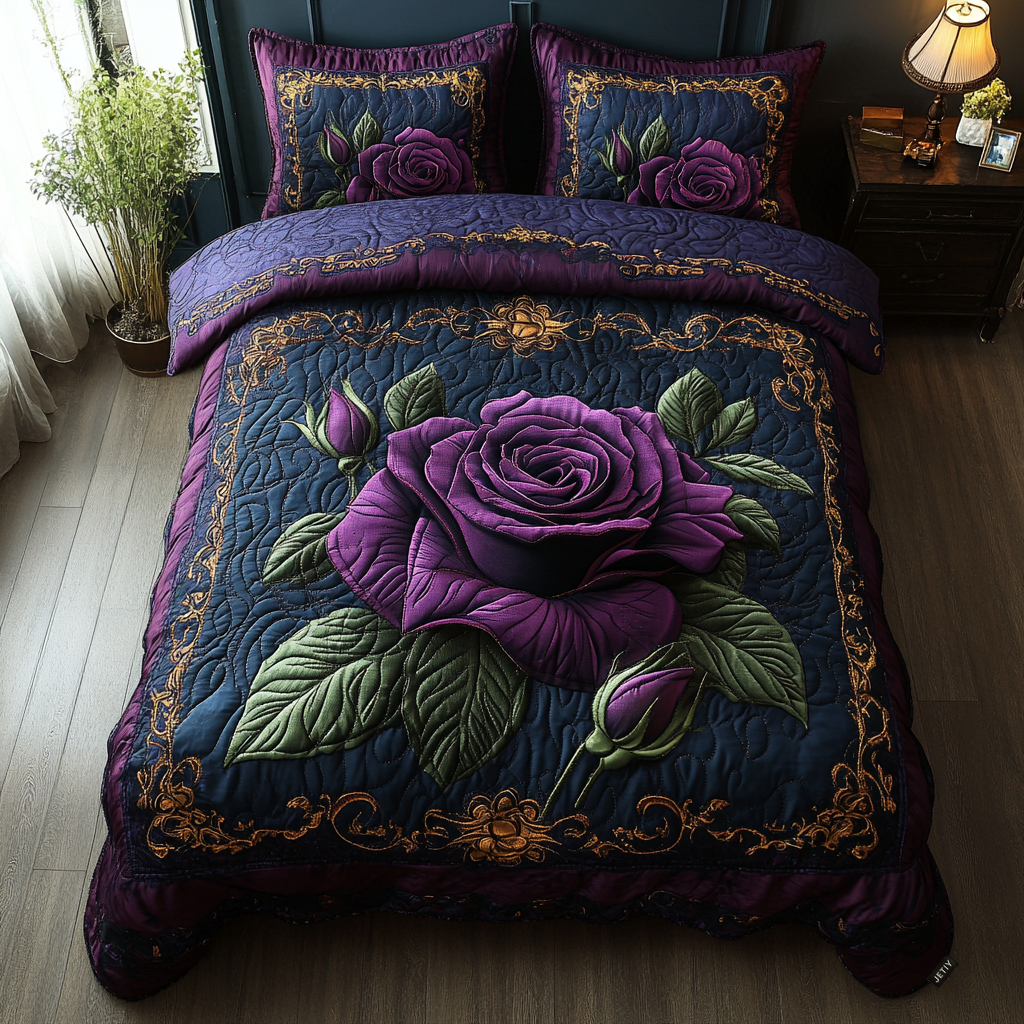 Purple Rose 3-Piece Quilted Bedding Set NCU0VT119