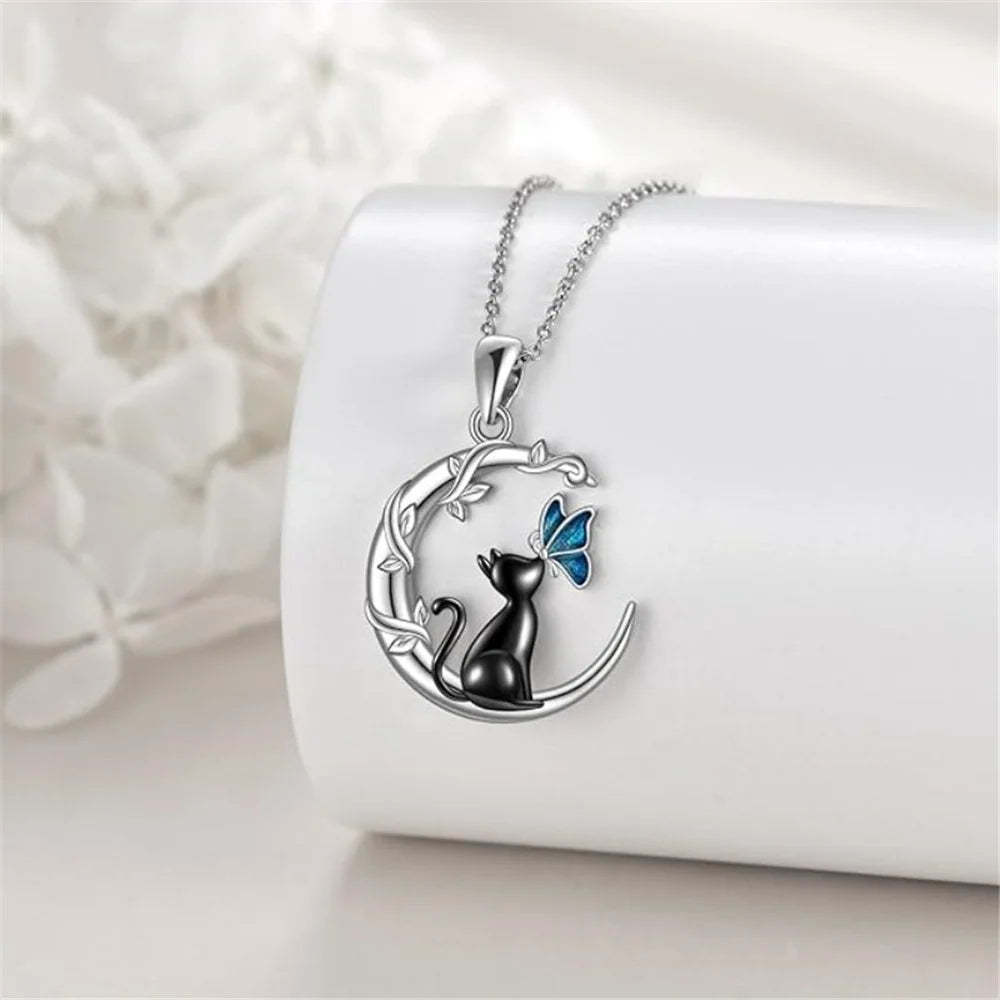 Moon Cat Butterfly Crystal Pendant Necklace
