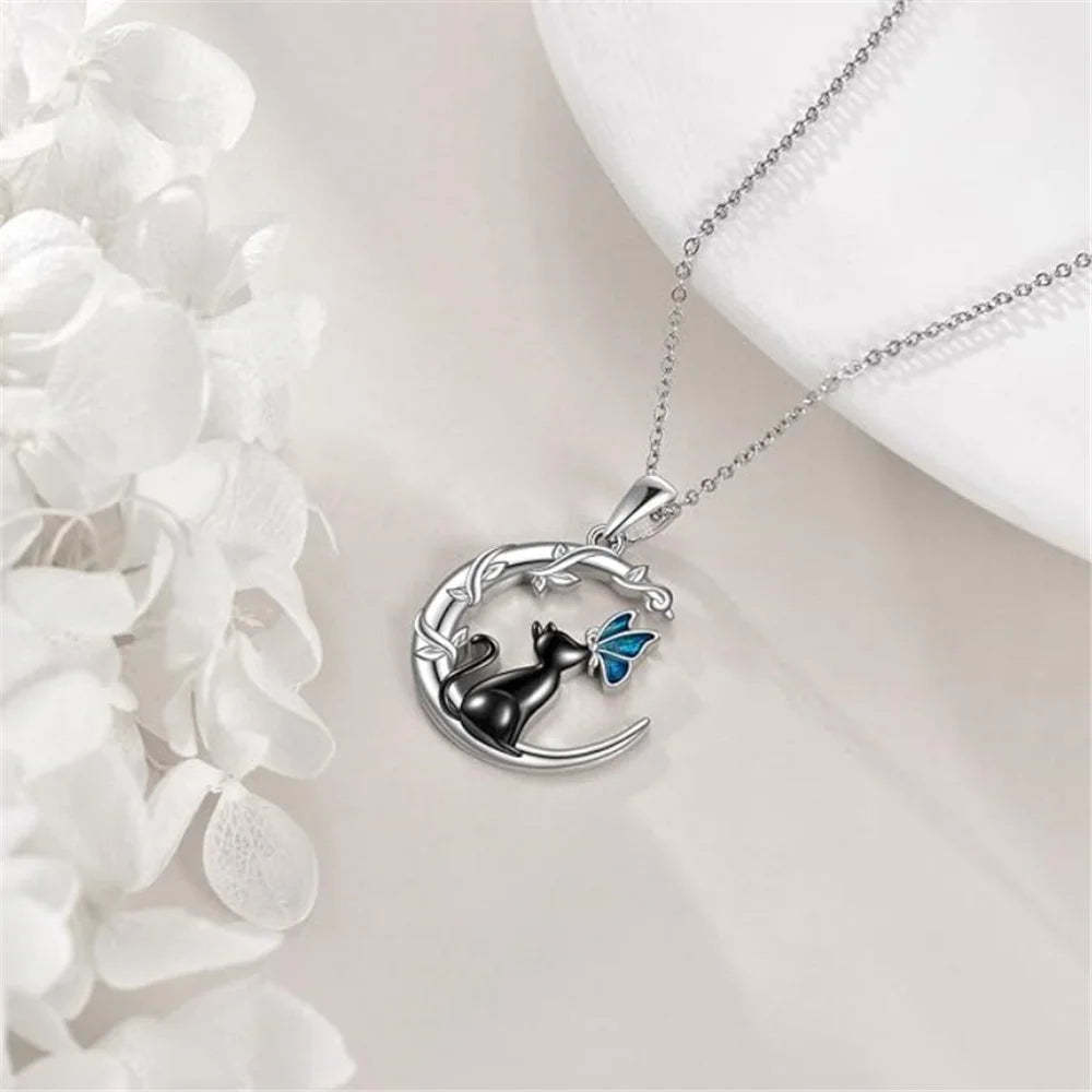 Moon Cat Butterfly Crystal Pendant Necklace