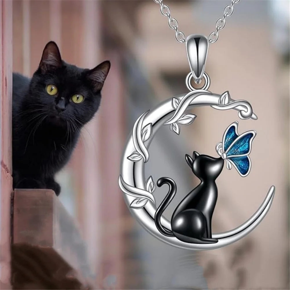 Moon Cat Butterfly Crystal Pendant Necklace